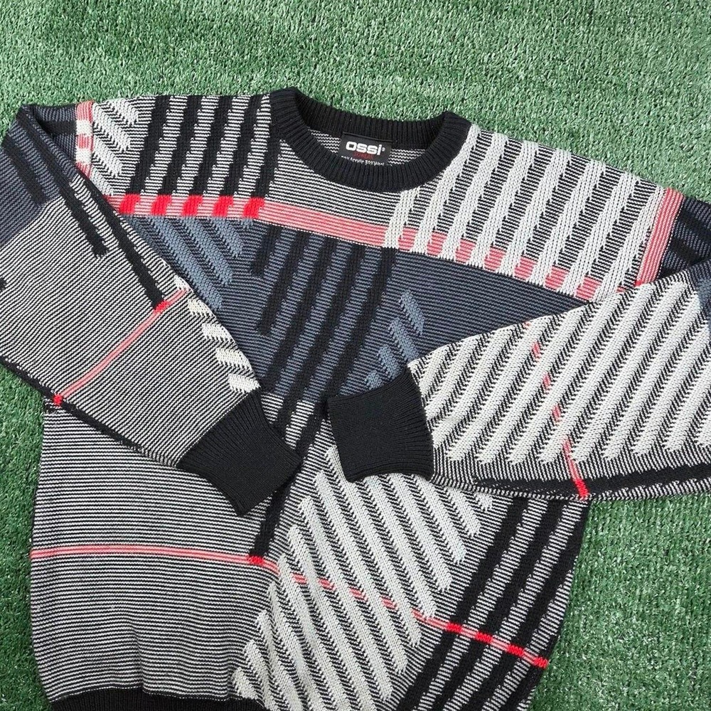 Ossi Skiwear Vintage 80s Geometric Abstract Wool Blend Sweater Mens Medium Black